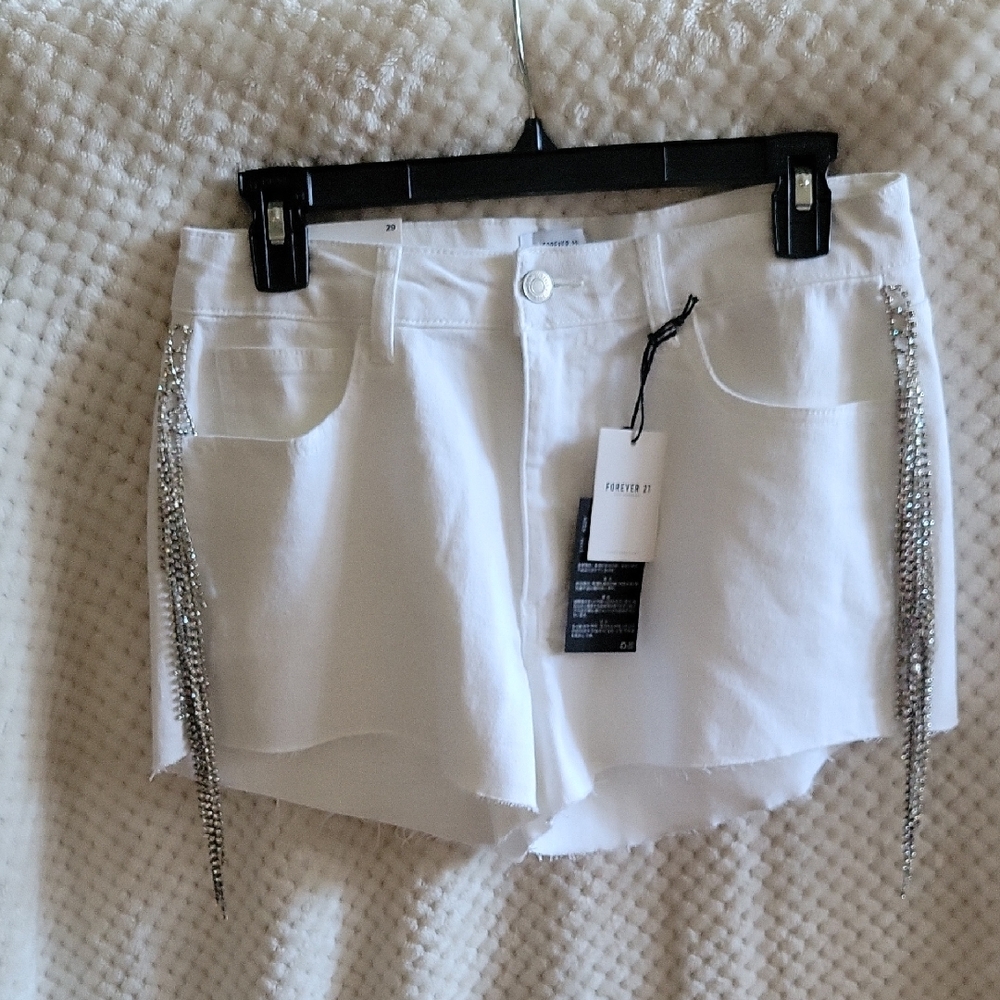 Forever 21 White Jean Shorts with Rhinstone Side Dangling Accents
